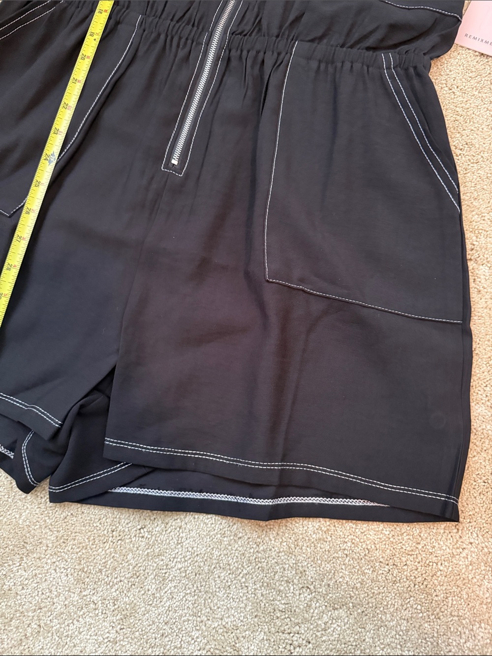 Black Short-Sleeve Zip Romper with Contrast Stitching - Picture 5 of 6